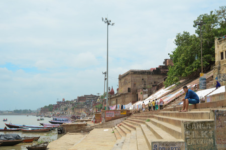 Varanasi, India - Jul 12, 2015. A morning view on the ghat in Varanasi, India. Varanasi is a holy Indian city of the banks of the Ganga in Uttra Pradesh, India.のeditorial素材