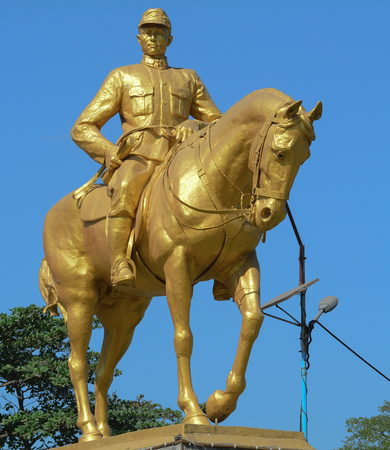 YANGON, MYANMAR - JAN 14, 2015. Monument of General Aung San with his horse in Yangon, Myanmar. He's considered Father of the Nation of modern-day Myanmar.のeditorial素材