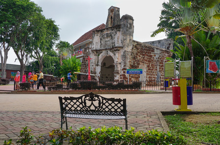 Malacca, Malaysia - Sep 2, 2015. People visit at Porta de Santiago in Malacca. It all that remains of the Portuguese A Famosa fortress at Malacca.のeditorial素材