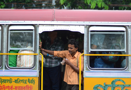 Delhi, India - Sep 3, 2015. Indian people on the local bus in Delhi. Buses take up over 90% of public transport in Indian cities, serve as a cheap and convenient mode of transport.のeditorial素材