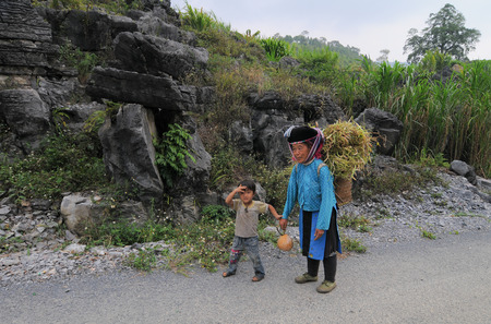 HA GIANG, VIETNAM, OCT 20, 2015. Unidentified ethnic minority woman with her children carry grass for cows in Ha giang, Vietnam. Ha giang is a northernmost province in Vietnam.のeditorial素材