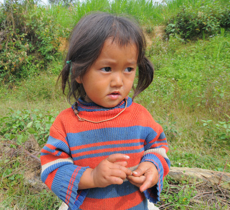 SAPA, VIETNAM - JUL 23, 2014. Portrait of Ethnic Hmong children in Sapa, Vietnam. Hmong children often work on the field since childhood.のeditorial素材