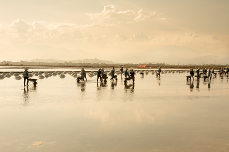 Nha Trang, Vietnam - June 12, 2015. Vietnamese people working on the salt fields in Ninh Hoa. About 40 kilometers north of Nha Trang, there are immense salt fields.のeditorial素材