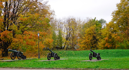 Autumn park with canons in Europeの写真素材