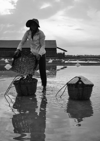 Kampot, Cambodia - Jan 25, 2012. A woman collecting salt on the field in Kampot, Cambodia.のeditorial素材