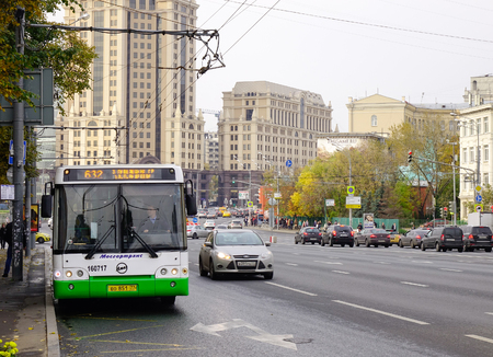 Moscow, Russia - Oct 3, 2016. A bus stopping on street in Moscow, Russia.のeditorial素材