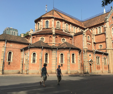 Saigon, Vietnam - Mar 31, 2016. People visit Saigon Notre-Dame Cathedral Basilica in Ho Chi Minh city, Vietnam.のeditorial素材