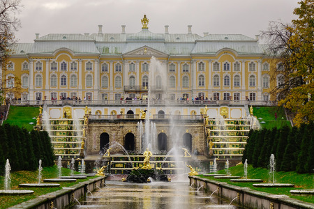 Saint Petersburg, Russia - Oct 9, 2016. Facade of Peterhof Palace in Saint Petersburg, Russia.のeditorial素材
