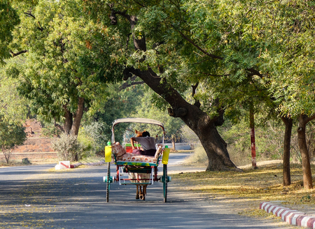 Bagan, Myanmar - Feb 18, 2016. Horse cart running on rural road with many trees in Bagan, Myanmar.のeditorial素材