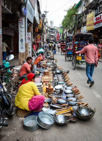 Delhi, India - Jul 26, 2015. Vendors on street at the traditional market in Old Delhi, India.のeditorial素材