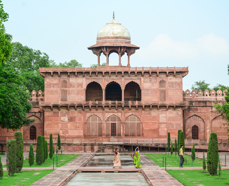 Agra, India - Jul 13, 2015. People at the gate of Taj Mahal in Agra, India. It is one of the worlds most celebrated structures and a symbol of Indias rich history.のeditorial素材
