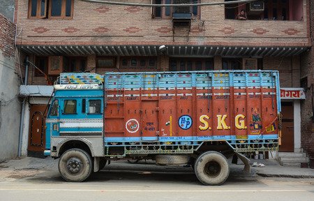 Amritsar, India - Jul 25, 2015. A truck parking on street in Amritsar, India.のeditorial素材