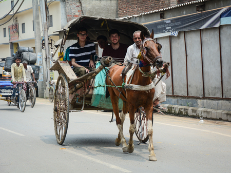 Amritsar, India - Jul 25, 2015. Horse cart carrying passengers on street in Amritsar, India.のeditorial素材