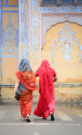 Jaipur, India - Jul 27, 2015. Indian women walking on street in Jaipur, India. Jaipur, known as the Pink city, is a major tourist destination in India.のeditorial素材