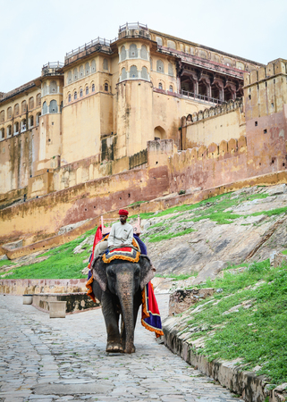 JAIPUR, INDIA - JUL 28, 2015. A mahout and his elephant near the Amber Fort, magnificent fortified palace. This Maharajah residence became in 2013 Unesco world heritage site.のeditorial素材