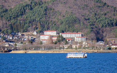 Yamanashi, Japan - Jan 1, 2016. View of Kawaguchi-ko Lake with Kawaguchi township in Japan.のeditorial素材