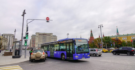 Moscow, Russia - Oct 4, 2016. Many cars run on street  in Moscow, Russia. Moscow is a major political, economic, cultural, and scientific center of Russia and Eastern Europe.のeditorial素材