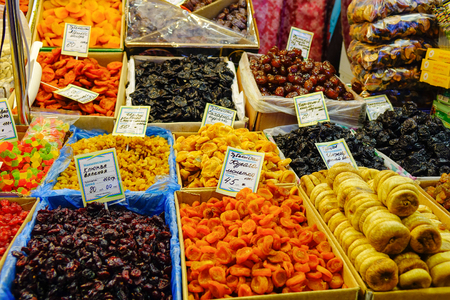 Vyborg, Russia - Oct 6, 2016. Traditional foods for sale at the rural market in Vyborg, Russia. Vyborg is an important transport junction in the Northwest region of Russia.のeditorial素材