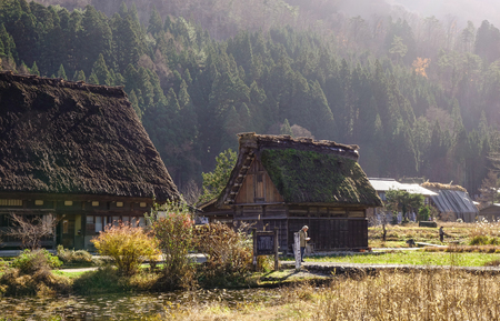 Gifu, Japan - Dec 2, 2016. Traditional and Historical Japanese village Shirakawago at the sunny day in Gifu, Japan. Ogimachi is the largest village and main attraction of Shirakawa-go.のeditorial素材
