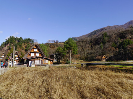 Gifu, Japan - Dec 2, 2016. Traditional and Historical Japanese village Shirakawago at the sunny day in Gifu, Japan. Shirakawa-go is one of Japans UNESCO World Heritage Sites.のeditorial素材