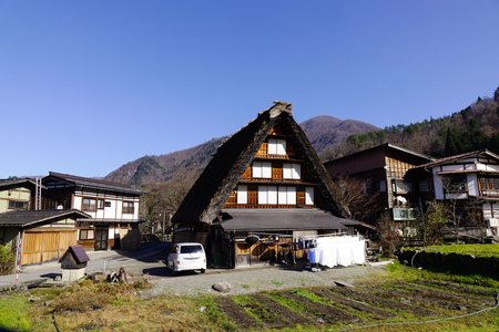 Gifu, Japan - Dec 2, 2016. View of Japanese village Shirakawago at the sunny day in Gifu, Japan. Shirakawa-go is one of Japans UNESCO World Heritage Sites.のeditorial素材