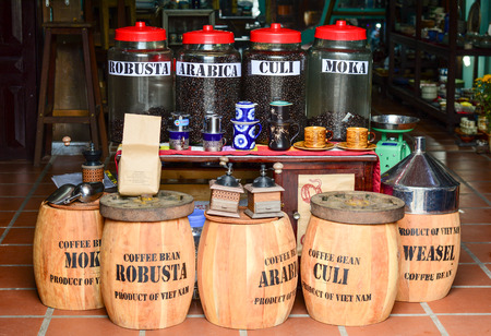 Hoi An, Vietnam - Nov 28, 2015. Selling coffee bean at the store in Hoi An, Vietnam. Coffee production has been a major source of income for Vietnam since the early 20th century.のeditorial素材