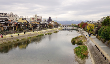 Kyoto, Japan - Nov 26, 2016. Cityscape with the Shirakawa River in the Gion District in Kyoto, Japan. Kyoto is a huge city with several district articles containing sightseeing, restaurant and nightlife.のeditorial素材
