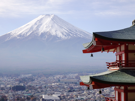 Close-up of Fujisan with Chureito Pagoda in Yamanashi, Japan. Chureito Pagoda is not far from the Fuji Five Lakes area and together with Kawaguchi-ko.の写真素材