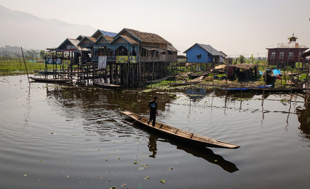 Inle, Myanmar - Feb 14, 2016. Wooden boat on the canal in Inle, Myanmar. Inle Lake is a freshwater lake located in the Nyaungshwe Township of Shan State.のeditorial素材