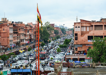 Jaipur, India - Jul 27, 2015. Main street with old buildings in Jaipur, India. Jaipur, known as the Pink city, is a major tourist destination in India.のeditorial素材