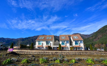 Yamanashi, Japan - Dec 4, 2016. Luxury hotels at sunny day in Kawaguchiko, Yamanashi, Japan. Kawaguchiko has the longest shoreline of any of the Fuji Five Lakes.のeditorial素材