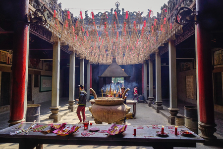 Saigon, Vietnam - Jan 30, 2017. View of the main hall at Jade Emperor Temple located in Saigon, Vietnam. The temple is a small Taoist pagoda built by the Chinese community in 1909.のeditorial素材