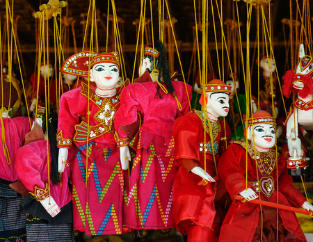 Puppets for sale at local market in Bagan, Myanmar. Bagan is an ancient city in central Myanmar (formerly Burma), southwest of Mandalay.の写真素材