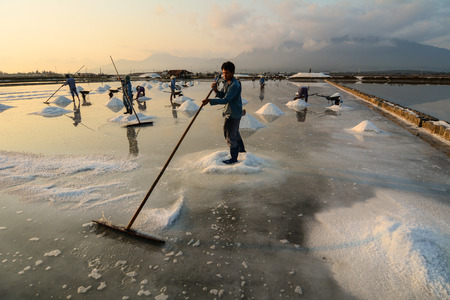 Khanh Hoa, Vietnam - Mar 21, 2016. People harvesting salt at sunrise in Ninh Hoa, Khanh Hoa, Vietnam. Ninh Hoa is considered one of the largest salt fields nationwide.のeditorial素材