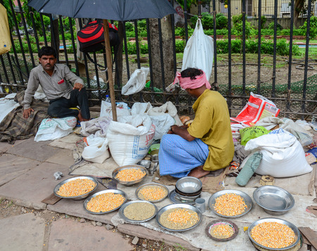 Delhi, India - Jul 26, 2015. People selling bird foods at the old market in Delhi, India. According to the 2011 census of India, the population of Delhi is 16,753,235.のeditorial素材