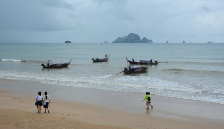 Krabi, Thailand - Jun 21, 2016. Ao Nang beach at rainy day in Krabi, southern Thailand. Kayaking, sailing, snorkeling are also among top activities in Krabi.のeditorial素材