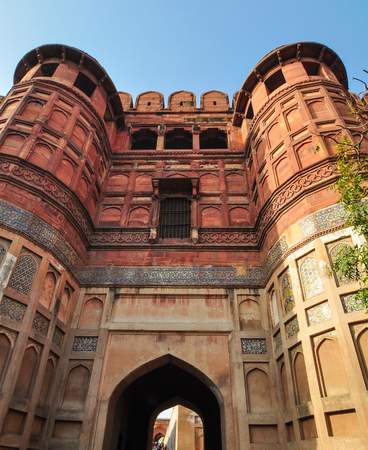 One of Main Gates of Agra Fort at the sunny day. The Fort is a historical fort in the city of Agra in India.のeditorial素材