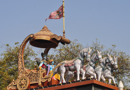 PUSHKAR, INDIA - MAR 8, 2012. Top of the Hindu temple in Pushkar, India. Pushkar is a town in the...