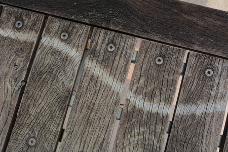 Brown wooden bench at the public park. Closed-up.のeditorial素材