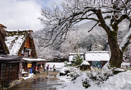 Gifu, Japan - Dec 29, 2015. People visit the Shirakawa-go village in winter. Shirakawa-go is one of Japan UNESCO World Heritage Sites located in Gifu Prefecture, Japan.のeditorial素材