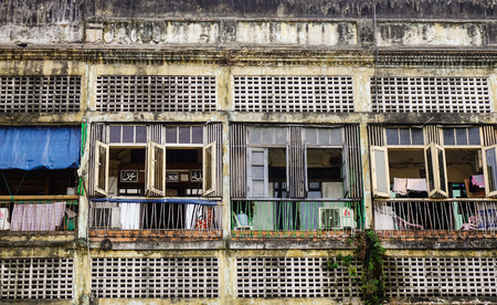 Yangon, Myanmar - Feb 13, 2017. Old apartments at Chinatown in Yangon, Myanmar. Yangon has the highest number of colonial period buildings in south-east Asia.のeditorial素材