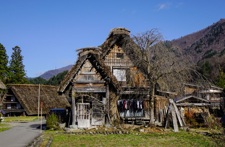 Ancient houses at Historic Villages of Shirakawa-go in Gifu, Japan.のeditorial素材