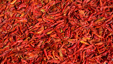 Dried red chilli pepper at the Asian market. Close up.