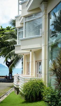Con Dao, Vietnam - Sep 7, 2015. Detail of modern building with glass windows in Con Dao island, Vietnam. Con Dao Islands are one of the star attractions in Vietnam.のeditorial素材