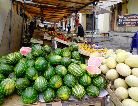 Saint Petersburg, Russia - Oct 11, 2016. Watermelon for sale at market in Saint Petersburg, Russia. Saint Petersburg has a significant historical and cultural heritage.のeditorial素材