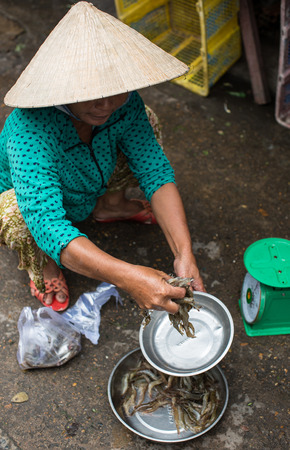 Hoi An, Vietnam - Dec 1, 2015. A woman sells fish at local market in Hoi An Ancient Town, Vietnam. Hoi An is Vietnam most atmospheric and delightful town.のeditorial素材