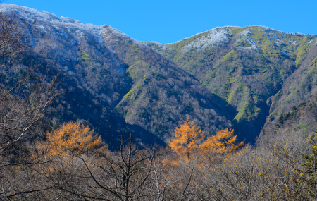 Mountain scenery at Nikko National Park in Nikko, Japan. Nikko is heavily dependent on tourism to its historical and scenic sites and hot spring resorts.の写真素材