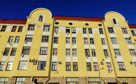 Vyborg, Russia - Oct 5, 2016. Facade of old apartment at sunny day in Vyborg, Russia. Vyborg is 174km northwest of St Petersburg and just 30km from the Finnish border.のeditorial素材