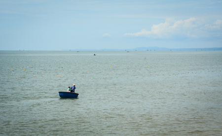 Phan Thiet Vietnam - Oct 12 2015. People use bamboo basket boat to catching fish in Phan Thiet, Vietnam. Phan Thiet is Vietnam most prominent coastal resort town.のeditorial素材