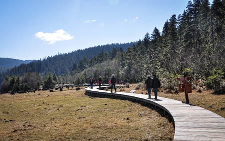 Yunnan, China - May 1, 2014. Tourists walking at Pudacuo National Park in Shangri-la, Yunnan, China. Potatso National Park is famous for clear lakes, primitive forest and rare animals.のeditorial素材